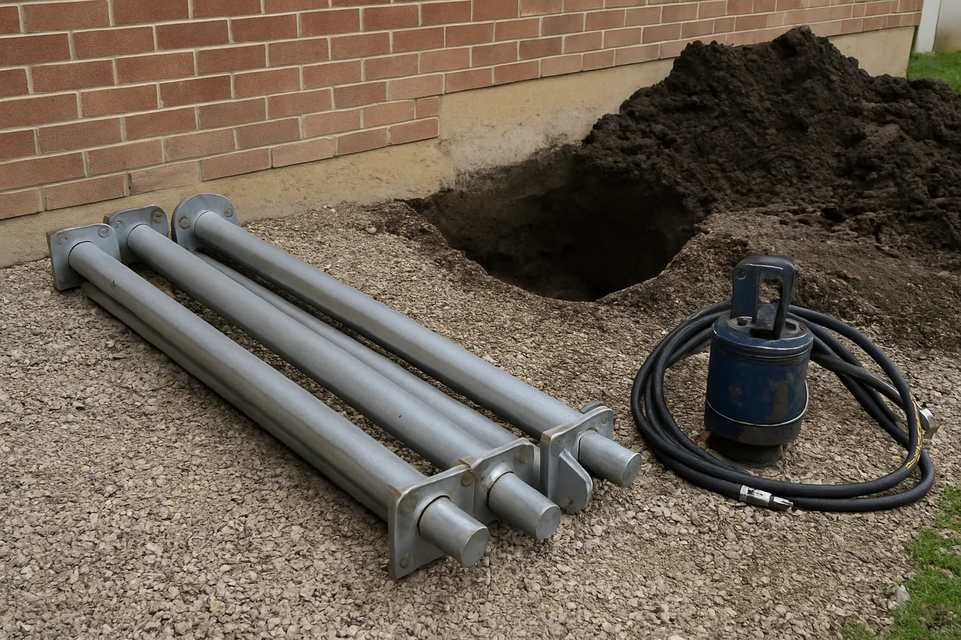 Steel push pier sections and a hydraulic drive head staged beside an excavated footing at a Montgomery home